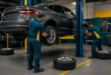 Mecânico realizando rodízio de pneus em carro em Mesquita.