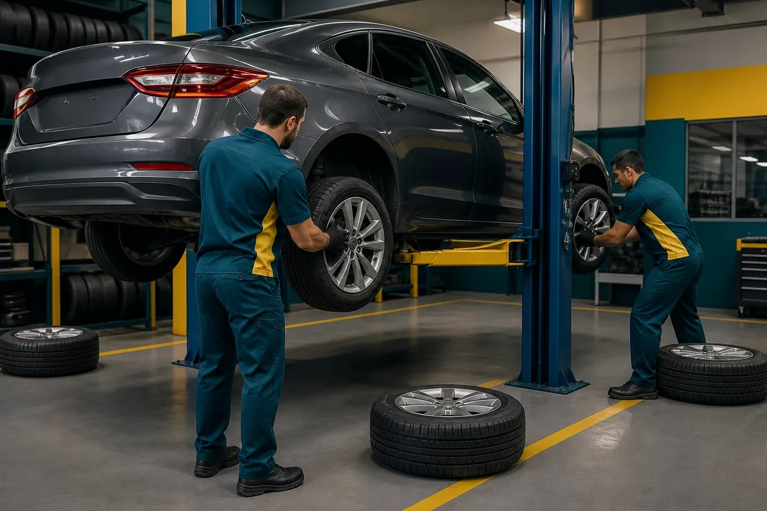 Mecânico realizando rodízio de pneus em carro em Mesquita.