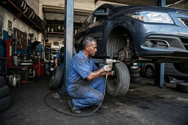 Mecânico realizando rodízio de pneus em um carro em Mesquita.