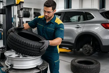 Mecânico trocando pneu em Mesquita, utilizando equipamentos de borracharia.