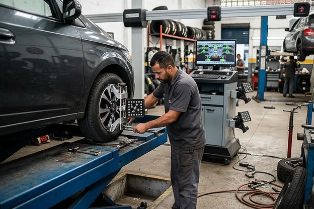 Técnico ajustando a posição das rodas de um carro em Mesquita.