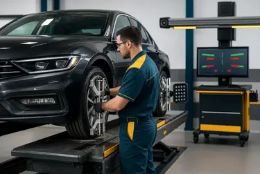 Técnico ajustando alinhamento de rodas em um carro na borracharia em Mesquita.