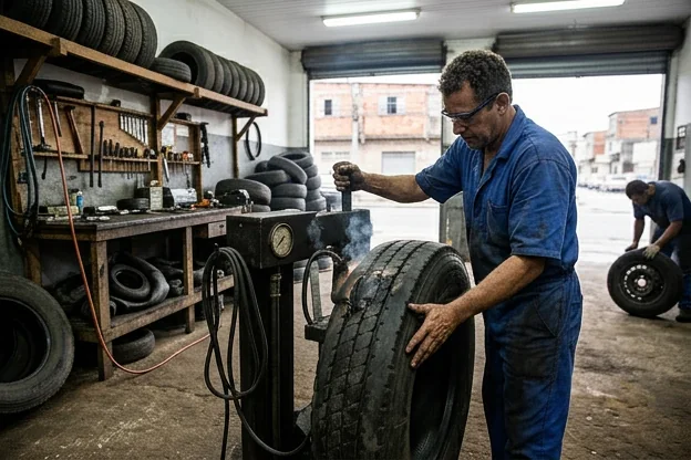 Técnico aplicando vulcanização em um pneu em Mesquita.